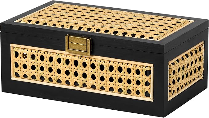 Rattan Storage Boxes Decorative Handmade Natural Wood Baskets | with Lid & Wooden Frame, Boho Rustic Wicker Stacking Woven Cane Bins, Shelf Closet Desk Organizer Container, Black, Small