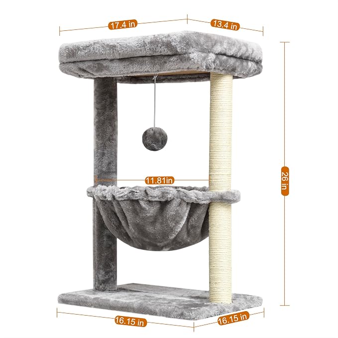 SYANDLVY Small Cat Tree for Indoor Cats, Activity Cat Tower with Scratching Post for Kittens, Cat Bed & Furniture with Basket & Hanging Ball for Play Rest | Scratching Post, Cat Bed & Furniture with Basket & Hanging Ball for Play Rest, Grey
