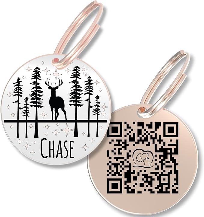 PawFurEver QR Code Dog Tag - Custom Dog Tags/Pet ID Tags for Dogs, Engraved Dog Tag & Pet Tag, Stainless Steel Dog Tags Personalized for Pets (Deer, Rose)