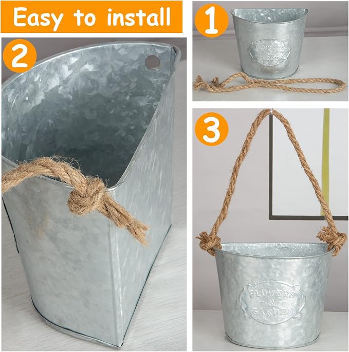 XONOR 4Pcs Galvanized Metal Hanging Wall Planter, Rustic Wall Flower Vase for Succulents Herbs Country Home Farmhouse Decoration (1)