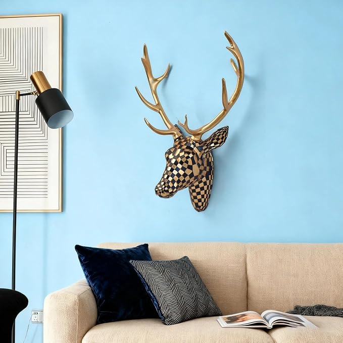 GIGICICI Mosaic Deer Head Wall Decor 15.7x8.7 Inch, Artistic Faux Resin Animal Head Wall Sculpture Hanging for Living Room Bedroom Kitchen Office, Black-Gold Gift