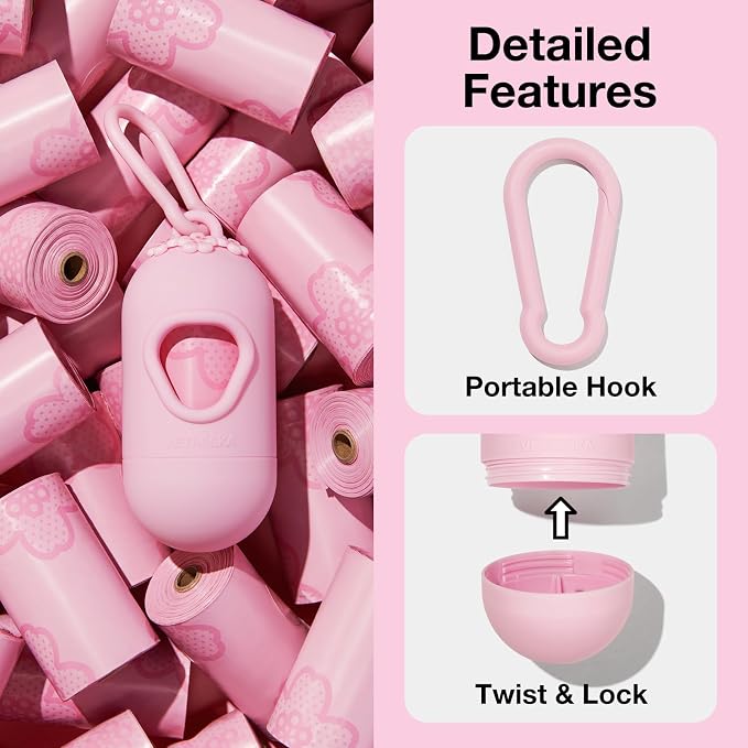 VETRESKA Dog Poop Bag Dispenser with 105 Cherry Blossom Scented Bags | Leak Proof and Extra Thick Pet Waste Bags, 1 Poop Bag Holder and 7 Rolls for Dog Walking and Cats Litter