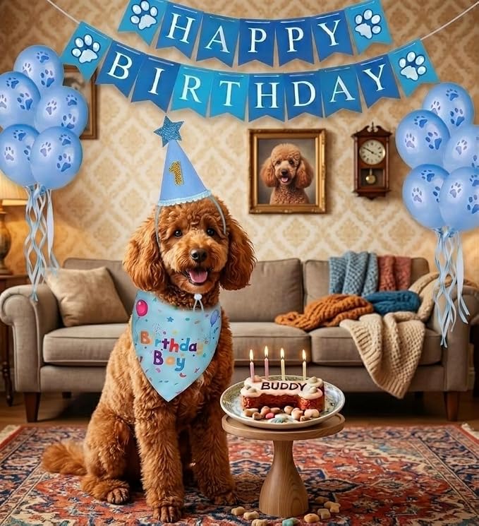 Dog Birthday Party Supplies, Dog Birthday Bandana Set, Blue