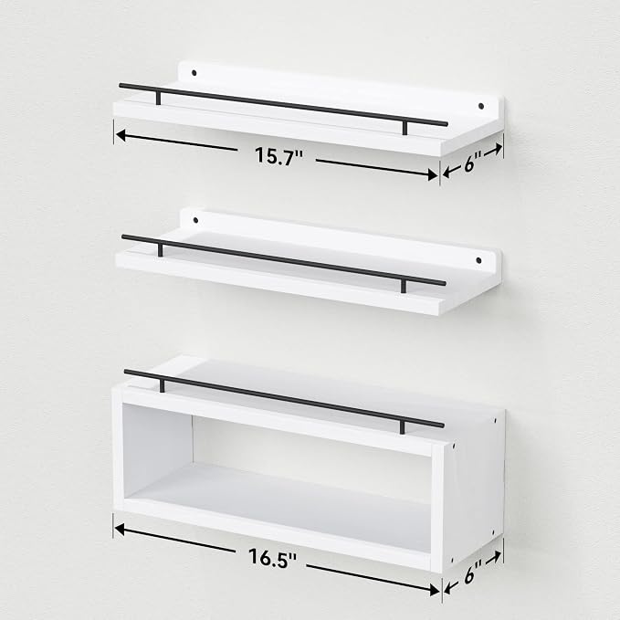 Floating Shelves for Wall with Cube Shelf, Wall Shelves with Metal Rail for Decor, Bathroom Organizers and Storage, Over Toilet Shelves for Bathroom, Toilet Paper-White