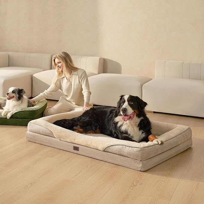 EHEYCIGA Orthopedic XXL Dog Bed for Large Dog, Memory Foam Dog Couch, Beige | 52x41 Inch Extra Large Sized Dog Sofa with Sides, Waterproof Liner & Washable Removable Cover, Bolster Pet Couch