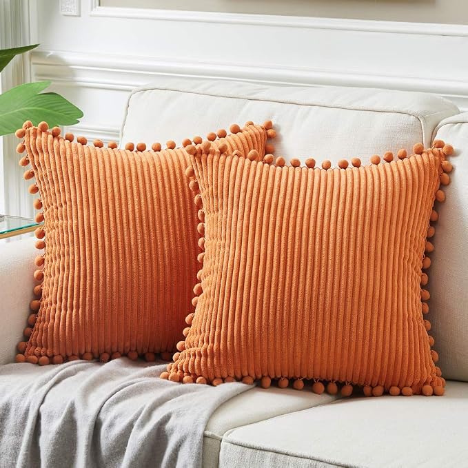Fancy Homi Pack of 2 Corduroy Fall Decorative Throw Pillow Covers with Pom-poms, Solid Square Cushion Case Pillow Cases Set for Couch Sofa Bedroom Car Living Room (16x16 Inch/40x40 cm, Orange)
