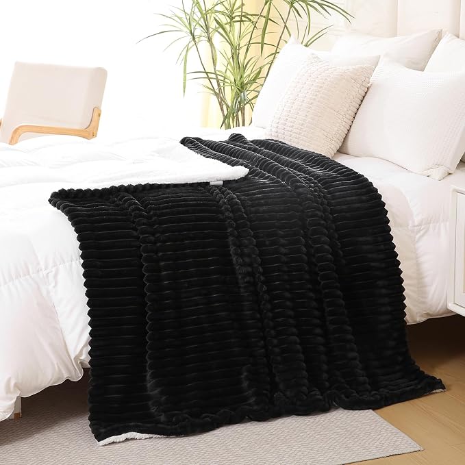 Black Sherpa Fleece Throw Blanket 90”×90”for Couch Sofa Bed | Double Side Soft Fuzzy Cozy Plush Thick Flannel Blanket with Striped Design Gift for Adults,Woman