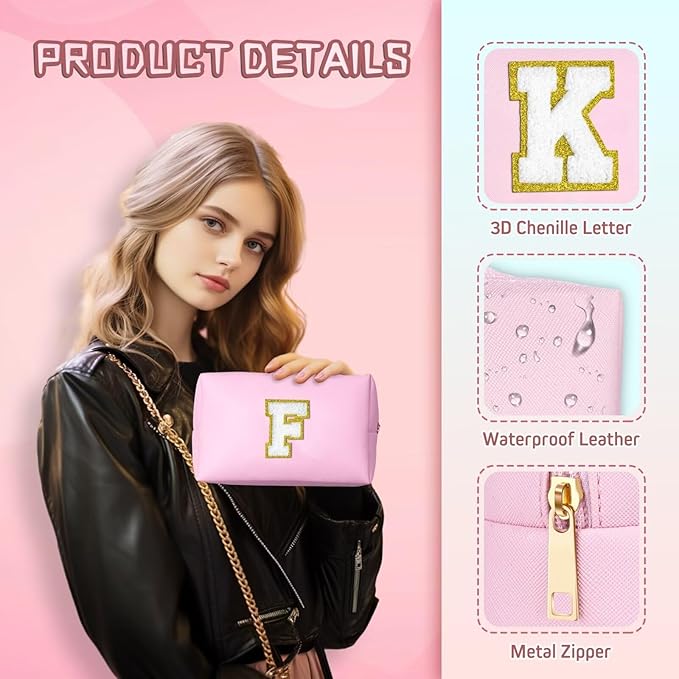 TOPEAST Preppy Makeup Bag, Small Cosmetic Travel Bags for Women, PU Leather Waterproof Toiletry Bag with Zipper, Personalized Birthday Gift for Women Girl, Preppy Gifts for Girl (Pink Z)
