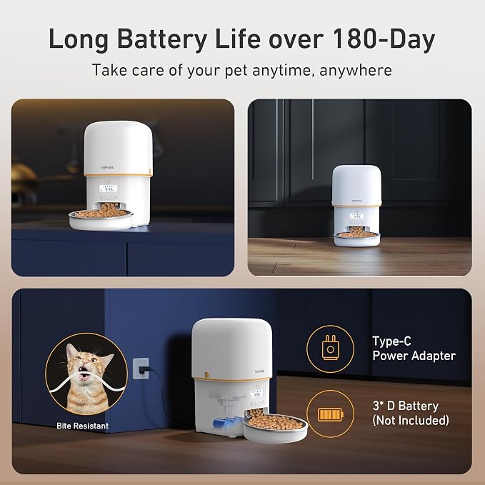 Automatic Cat Feeder, 3L Cat Food Dispenser with Anti-Jam Design, Over 180-day Battery Life, 1-6 Meals Per Day with Stainless Steel Cat Bowl, Keep Dry Food Fresh, Timed Pet Feeder Also for Small Dog