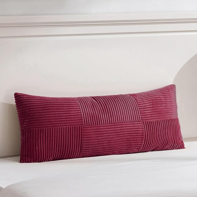 Fancy Homi Set of 1 Burgundy Boho Long Lumbar Body Decorative Throw Pillow Cover 21x54 Inch for Bed Couch Bedroom Bench, Soft Patchwork Corduroy Textured Pillow Case, Rustic Farmhouse Room Decor