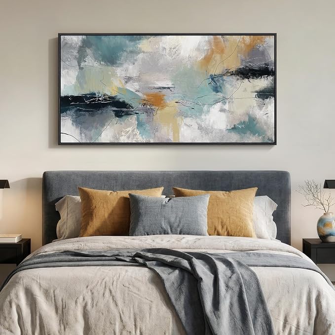 Extra Large Framed Abstract Wall Art for Living Room, Horizontal Grey Teal Canvas Prints Paintings Artwork for Walls, Modern Minimalist Pictures Wall Decor for Bedroom Dining Room Office, 30x60 In