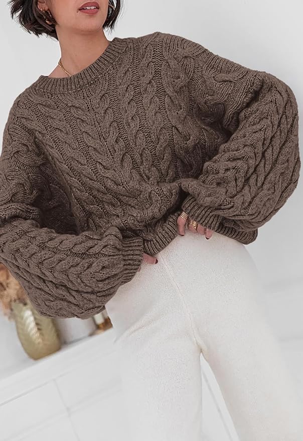 PRETTYGARDEN Womens Sweaters Spring 2026 Cable Knit Long Sleeve Crewneck Oversized Sweater Chunky Pullover Loose Outfits
