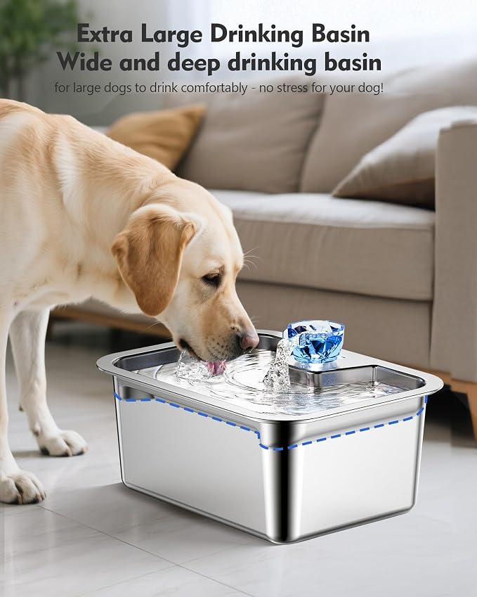 3 Gallon Stainless Steel Dog Water Fountain, Large Dogs, 2 Filters | 3-gallon stainless steel dog water fountain with quiet flow, easy-clean parts, 2 filters, plus a shallow bowl for large dogs.