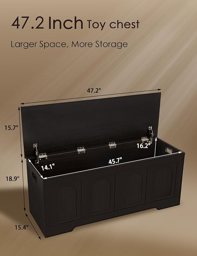 Storage Chest, Wooden Toy Box, Espresso 47.2" L | Entryway Shoe Bench, 2 Soft-close Hinges, Finger-safe Flip-Top Lid, Easy Assembly, Farmhouse Large Trunk, Living Room/Bedroom