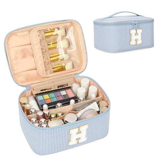OCHEAL Makeup Bag Valentines Day Gifts for Women, Monogram Cosmetic Bag Blue Travel Makeup Case Beauty Toiletry Bag Organizer Personalized Gifts for Girls Bridesmaid, Sister, Wife, Friends Initial H