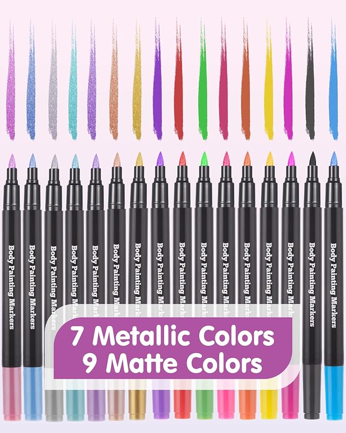 Lictin Temporary Tattoo Markers for Skin, 16 Colors Dual-End Skin Tattoo Pens with 80 Tattoo Stencils, Matte & Metallic Body Markers for Kids Teens and Adults, Flexible Brush Tip, Cosmetic-Grade