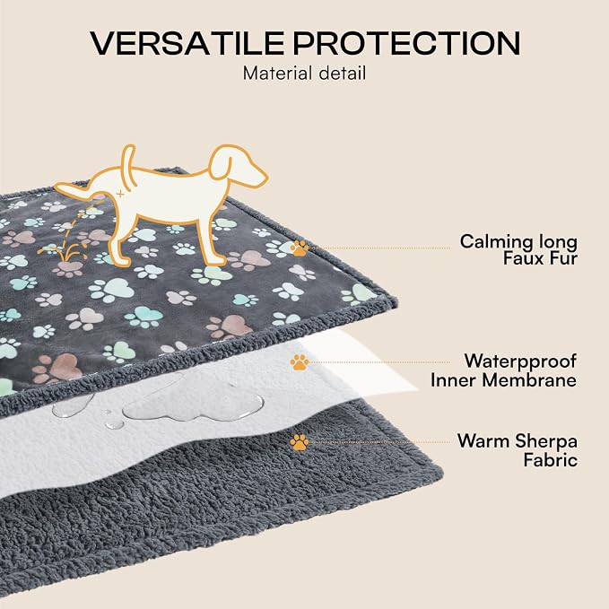 Luciphia Waterproof Dog Blanket Reversible Sherpa Fleece for Large Dogs Cat | Soft Print Pet Blanket Washable Pee Proof, Furniture Protector for Couch Sofa Bed Car, Cozy Throw(65" x 57", Grey Paw)