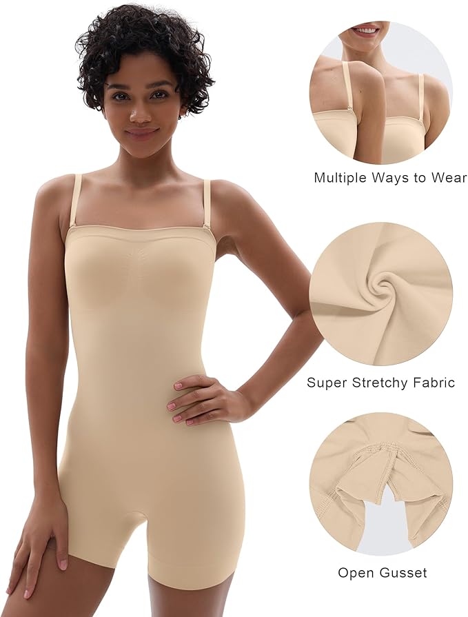 SHAPERX Strapless Shortie Bodysuit for Women Tummy Control Shapewear Seamless Body Shaper with Removable Straps