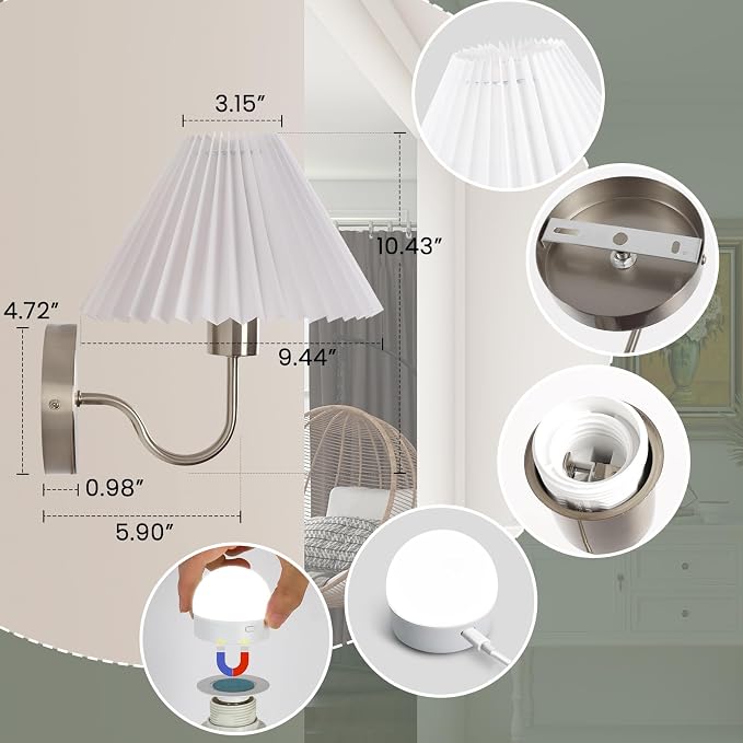 Wireless Wall Sconce Sets of 2, Pleated Shades Rechargeable Battery Operated Wall Sconce, Retro gooseneck Brushed Nickel Bathroom Vanity Lights, Wall Mounted Lamps for Bedroom Living Room Hallway