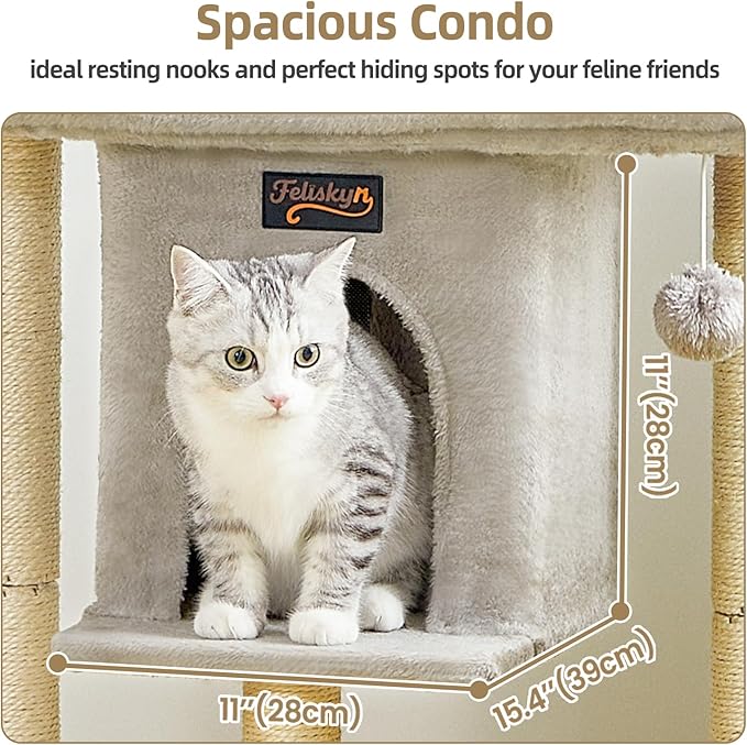 Cat Tree Tower Scratching Post for Indoor Large Adult Cats with Perch Bed | 28in Tall Small Cat Trees House with Big Perch, Condo, Toy Balls, Modern Kitten Climbing Furniture Platform, Light Gray