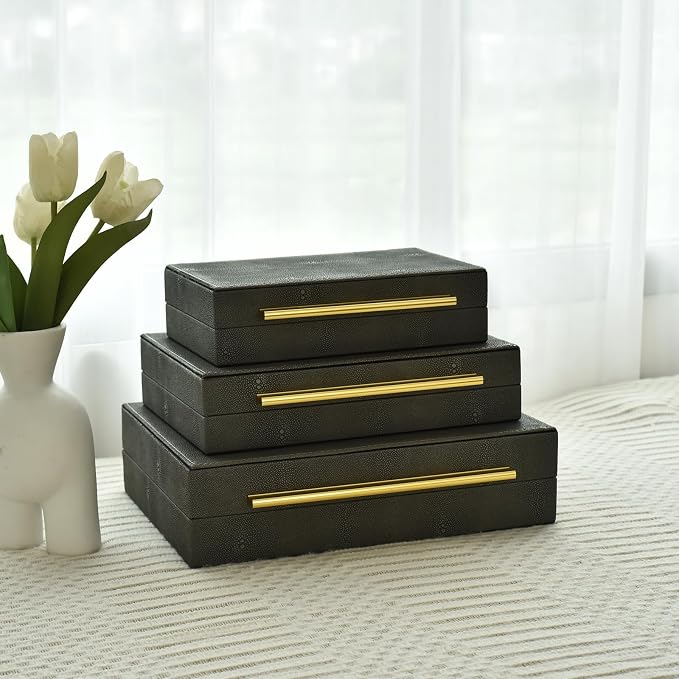 DECOR4SEASON Faux Shagreen Decorative Stackable Storage Boxes – Set of 3 | Jewelry Organizers with Gold Metal Handles & Velvet Lining, Modern Grey Box for Vanity, Entryway & Coffee Table Décor