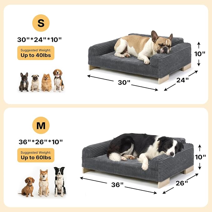 Veehoo Elevated Dog Bed Indoor, Wood Furniture Style Dog Couch Sofa | Small medium dogs sofa, sturdy wood frame, washable cover, easy assembly, supportive foam