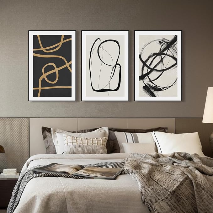 SAFERRYHOME Abstract Graffiti Black and White Wall Art,3 Panels 24x36 Inch | Black and Gold Framed Canvas Print Set, Mid-Century Modern Geometric Sketches Lines for Living Room, Bedroom, Office, Hallway