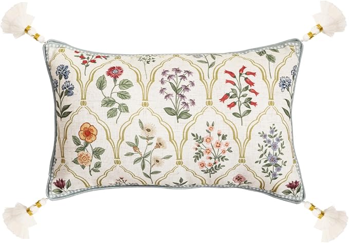 Designer Vintage Linen Throw Pillow Cover,20"x12"-Serenity B | French Elegant Rectangle Decor Pillow Cover,Concealed Zipper Design,Colorful Floral Pattern,Sofa,Bedroom,Living Room,Chair