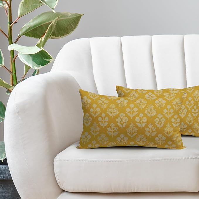 Yellow Pillow Covers 12x20 Inch Set of 2, Cream Floral Block Print Pattern Lumbar Decorative Throw Pillowcases Outdoor Farmhouse Rectangle Cushion Covers Spring Summer Sofa Couch Bed Decor