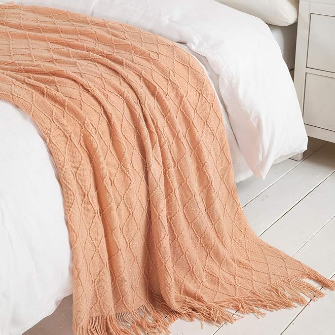 BOURINA Orange Throw Blanket 60x80 Inch Boho Knit Soft Throw Sofa Blanket | Knitted Throw Blanket 60x80 Inches, Soft Lightweight Boho Weave Throw Decorative Couch Blanket for Living Room Bedroom Chair
