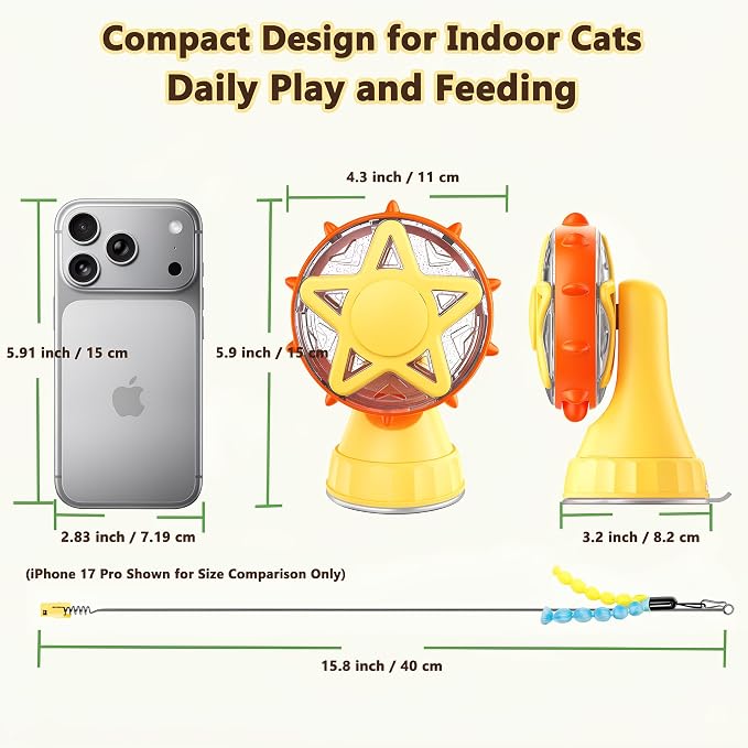 Cat Toys for Indoor Cats，Interactive Cat Toy Kitten Toys Enrichment with Adjustable Cat Food Dispenser, Slow Feeder Puzzle Removable Teaser Wand Toy for Bored Indoor Adult Cats (Orange)