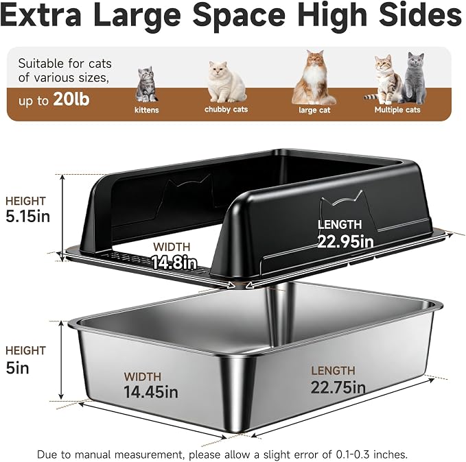 High-Sided Stainless Steel XL Cat Litter Box for Cats | High-Sided Design Prevents Urine Leakage,Non-Stick,Easy to Clean,Includes Scoop,Black