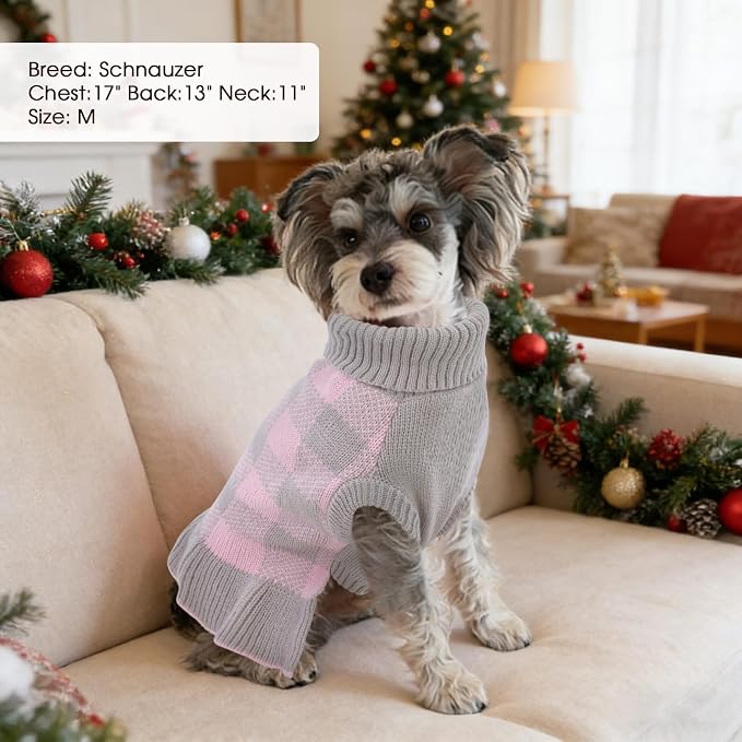 Dog Sweater Dress Plaid Knitwear for Small Medium Dogs Warm Puppy Pet Turtleneck Stretch Pullover Cute Fall Winter Vest Clothes with Leash Hole for Christmas (Grey, S)
