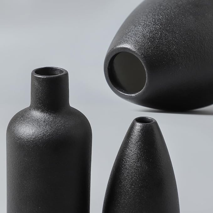 CEMABT Black Ceramic Vase Set - 4 Small Unique Vases for Flowers, Modern Decorative Centerpieces and Home Decor