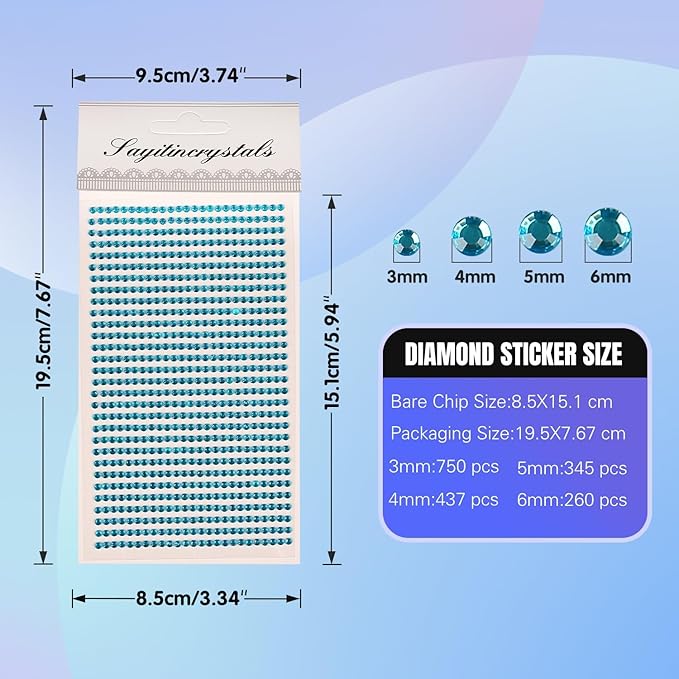 8 Sheets Rhinestone Stickers，3584 Pcs Gem Stickers for DIY Face Eyes Makeup Hair（Blue-3/4/5/6mm）