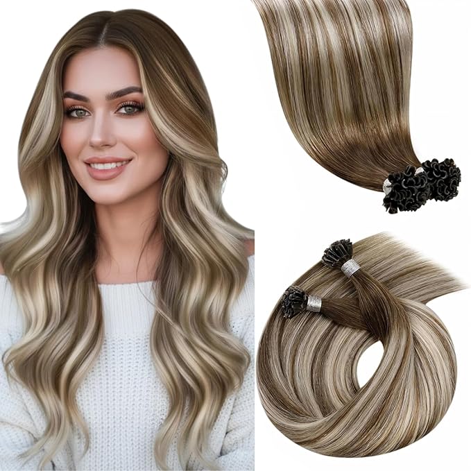 LaaVoo K Tip Hair Extensions Real Human Hair Brown Keratin Human Hair Extensions Balayage Light Brown Mix Blonde U Tip Hair Extensions Human Hair Hot Fusion 18 Inch 50g/s