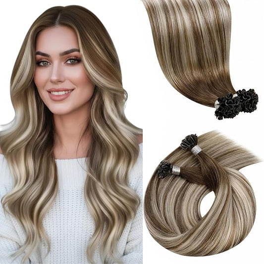 LaaVoo U Tip Hair Extensions Human Hair Light Brown Mix Blonde 16 Inch Ktip Human Hair Extensions Blonde 50g/50s