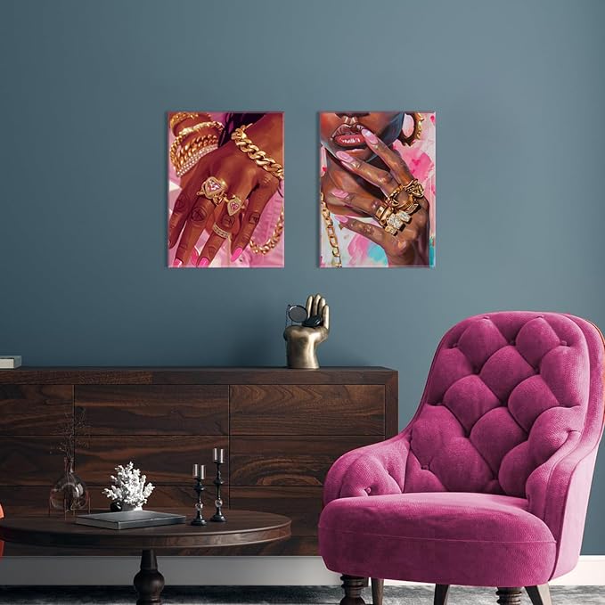 Black Girl Wall Art Set of 3 Pink Fashion Black Woman Canvas Wall Decor Pictures African American Women Paintings Home Decor Posters Prints for Living Room Bedroom Bathroom 16x24Inch Framed