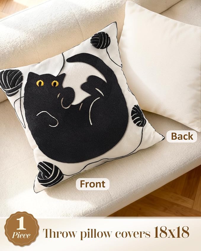 Animal Embroidered Throw Pillow Cover 18x18 Inch, Black Cat Yarn | Decorative Pillow Cover, Country Cushion Cases with Hidden Zipper, Farmhouse Decor for Couch, Sofa, Living Room, Bed