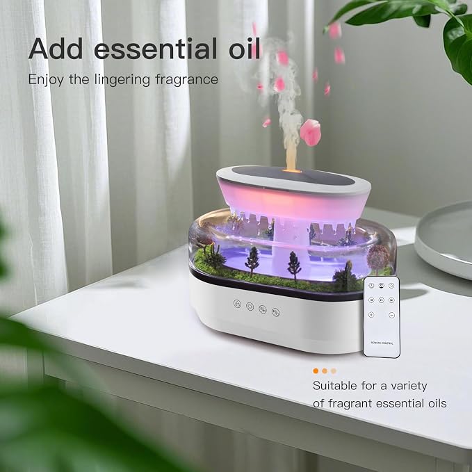 Essential Oil Diffuser 250ML Cloud Humidifier Rain Water Drip Diffuser Humidifier with Drip Music Micro Landscape Ultrasonic Diffuser for Bedroom Office Hotel (White Grey)
