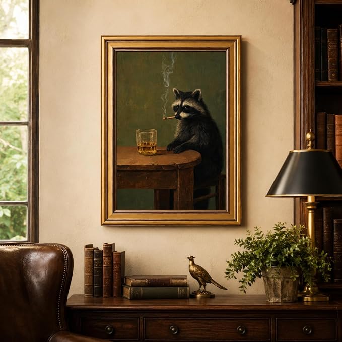 Gold Framed Raccoon Canvas Wall Art,Funny Animal Picture Wall Decor 24x16in | Rustic Man Cave Art, Moody Animal Art Print For Office, Home Bar, Cabin, Game Room, Living Room