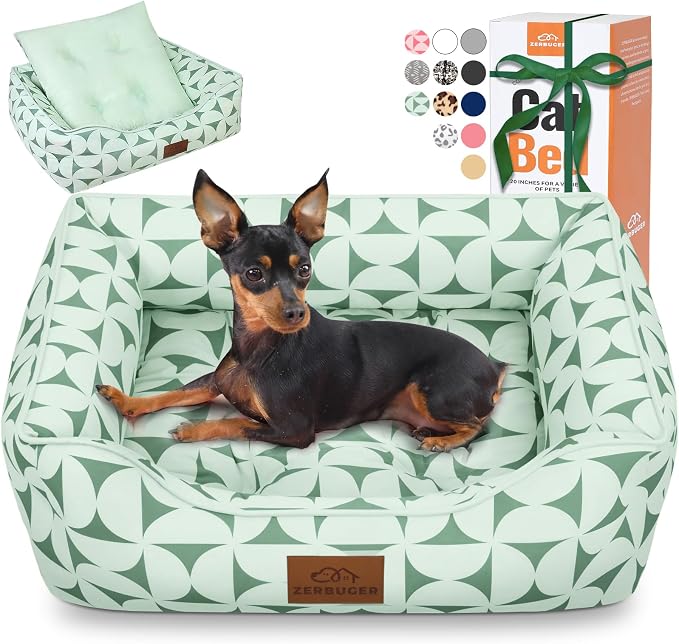 Zerbuger 25in Green Pattern Rectangle Cat Dog Bed Machine Washable Sofa | Sleeping for Large Medium Small Pets Indoor Outdoor, Non-Slip Bottom Soft Puppy Bed Durable Orthopedic Calming Pet Cuddler