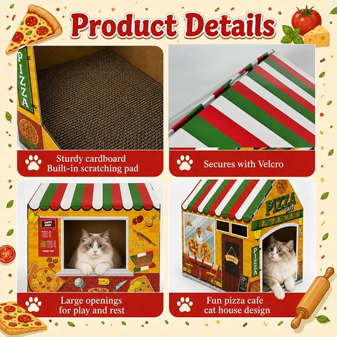 Cinrobiye Cardboard Cat House with Scratcher, Indoor Cat Condo Cat Cave Hideout with Scratch Pad, Cardboard Cat Playhouse Bed for Cats, Kittens, Rabbits & Small Pets (Pizza)