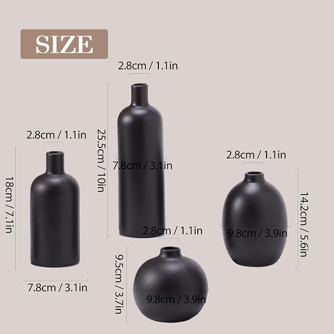 Black Ceramic Vase Set of 4, Classic Matte Small Vases Home Decorations for Table Shelf Office Centerpieces Decor