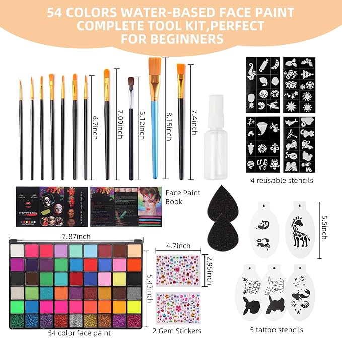 Face Painting Kit for Kids with Book,Stencils,Brushes,Non Toxic Water Activated Face Paint Palette For Halloween,Carnival,Party Costume Makeup Any Creative Activity with Kids(54 Colors)