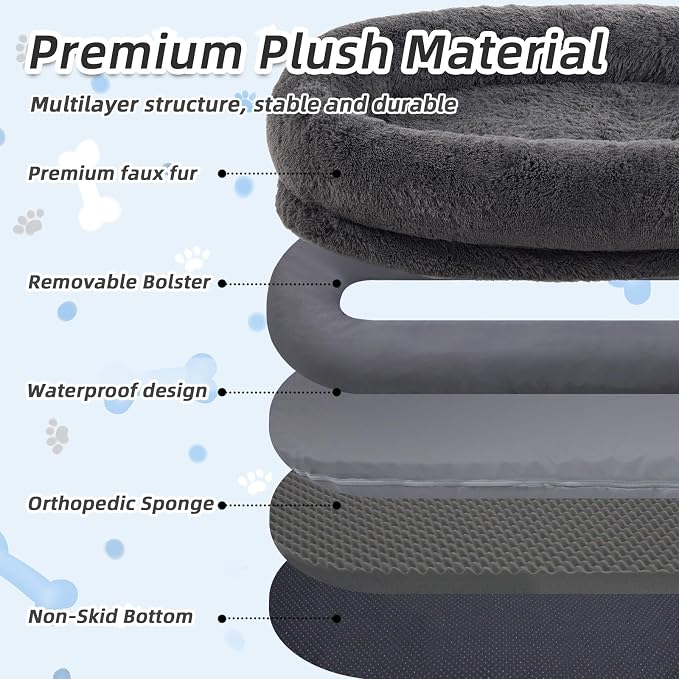 WROS Human Dog Bed for Adult, 71"x45"x12" Giant Calming Nest Bed, Dark Grey | Washable Soft Faux Fur Cover, Orthopedic Foam Support, Non-slip Bottom, Includes Blanket, Strap & Pillow