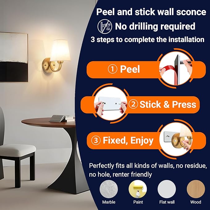 YHCDLAMP Peel and Stick Wall Sconces, No Drilling Stick On Wall Sconce, Wireless Battery Operated Wall Lights, Adhesive Wall Lamp with 10000mAh Battery Bulb for Bedroom Living Room Decor