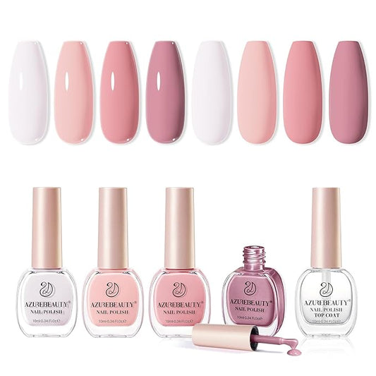 AZUREBEAUTY Nude Pink Nail Polish Set (4 Colors + Top Coat), Soft Solid Shades for Natural Look, Glossy Finish, Fast Dry, No Lamp Needed
