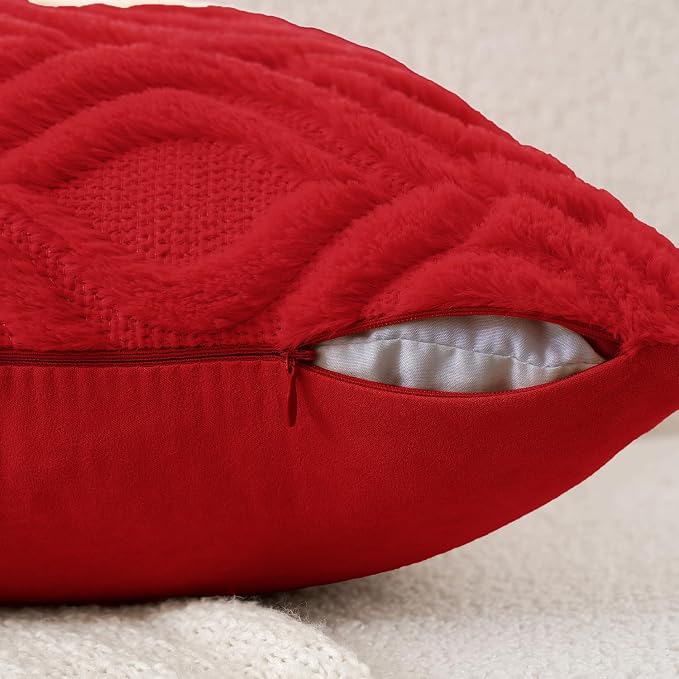 MIULEE Red Soft Plush Faux Wool Throw Pillow Covers 18x18 | Set of 2, Farmhouse Boho Home Decor, Decorative Cushion Covers for Sofa, Living Room, Bed