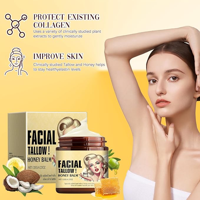 Nicgou Whipped Beef Tallow and Honey Balm, Grass Fed Grass Finished Face Cream, Tallow Face Moisturizer, Beef Tallow Balm for Skin Care